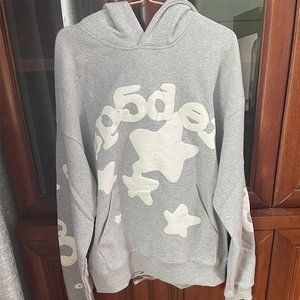 Sp5der Letter Print Hooded Sweatshirt  Gray